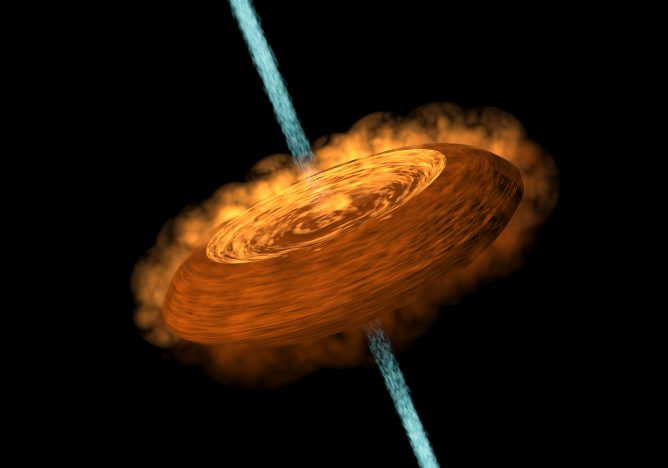 The onset of an extra-solar system - feeding a baby star with a dusty hamburger