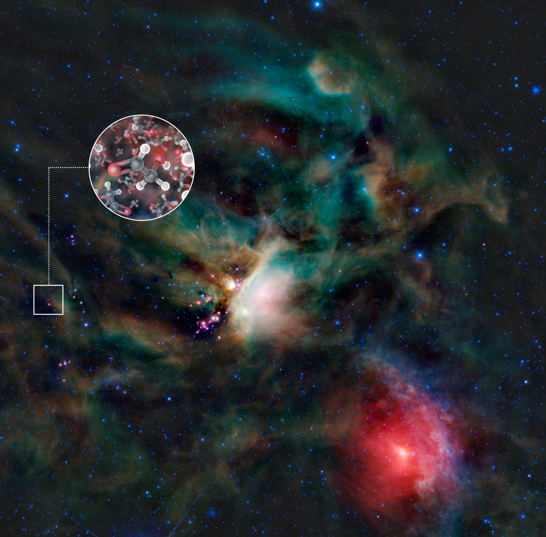 WISEによるへびつかい座領域の赤外線画像とグリコールアルデヒド分子のイメージイラスト