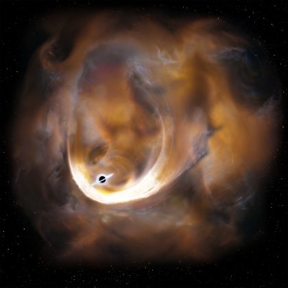 中質量ブラックホールによる重力散乱でガス雲が加速される様子の想像図