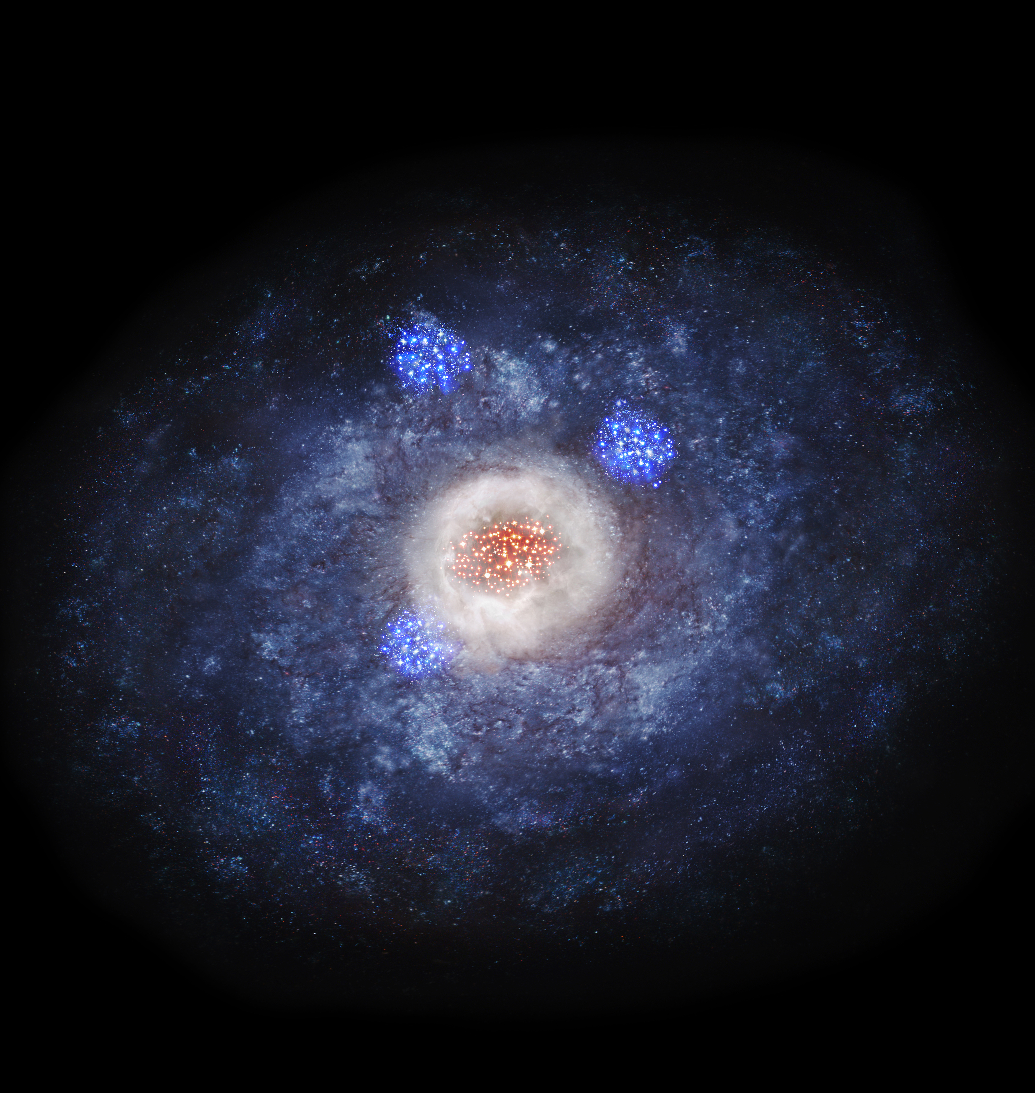 Artist’s impression of a disk galaxy transforming in to an elliptical galaxy. Stars are actively formed in the massive reservoir of dust and gas at the center of the galaxy.
Credit: NAOJ

アルマ望遠鏡とハッブル宇宙望遠鏡で観測した110億光年かなたの銀河の想像図。円盤を持つ銀河の中心部で、塵におおわれた中で活発に星が作られています。円盤部には、3つの巨大星団が見えています（ハッブル宇宙望遠鏡の可視光画像で見えている星団に相当）。
Credit: 国立天文台 

<a href="https://alma-telescope.jp/news/press/galactic_metamorphosis-201709" target="_blank">銀河の形を運命づけた110億年前の転換現象Explosive Birth of Stars Swells Galactic Cores</a>