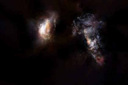 アルマ望遠鏡で発見された宇宙初期の巨大銀河ペアの想像図