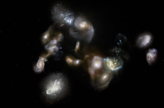アルマ望遠鏡での観測結果をもとに描かれた原始銀河団SPT2349-56の想像図