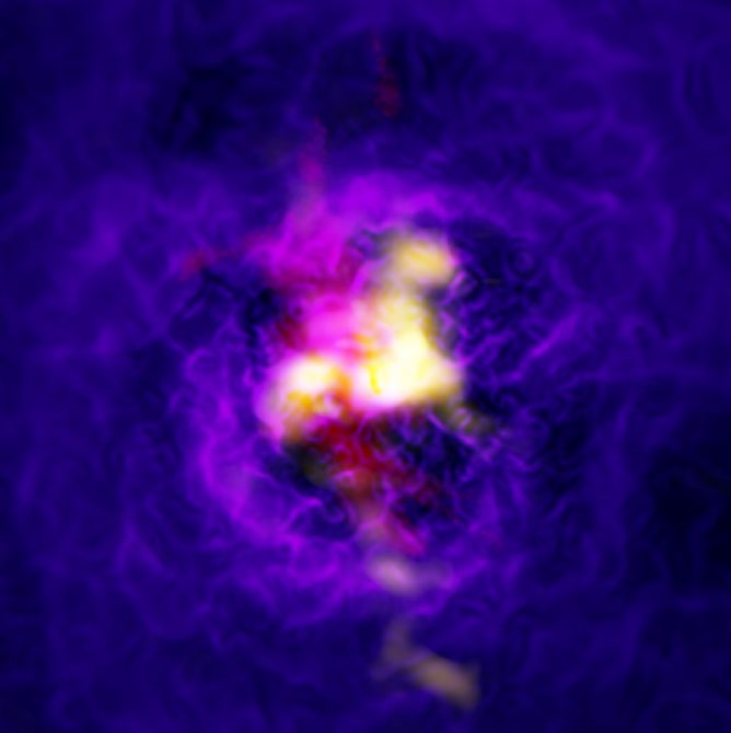 銀河団エイベル2597の中心にある巨大楕円銀河周辺の疑似カラー画像