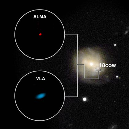 アルマ望遠鏡とアメリカの電波望遠鏡VLAが観測したAT2018cow