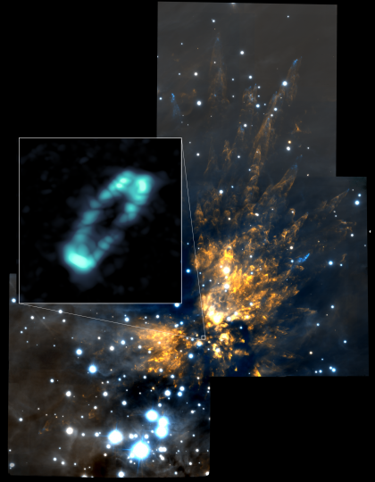 オリオンKL領域の近赤外線画像とアルマ望遠鏡がとらえた塩の分布