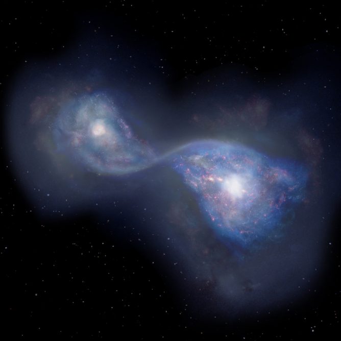 アルマ望遠鏡による観測結果をもとに描かれた、131億光年彼方の合体銀河B14-65666の想像図。