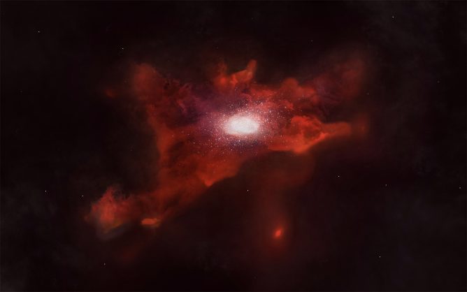 Artist’s impression of a young galaxy surrounded by a huge gaseous cloud.