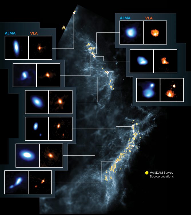 ハーシェル宇宙天文台が赤外線で撮影したオリオン座分子雲とVANDAMサーベイの観測天体
