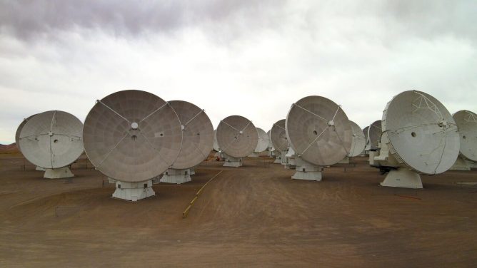 Close-up view of ALMA antennas