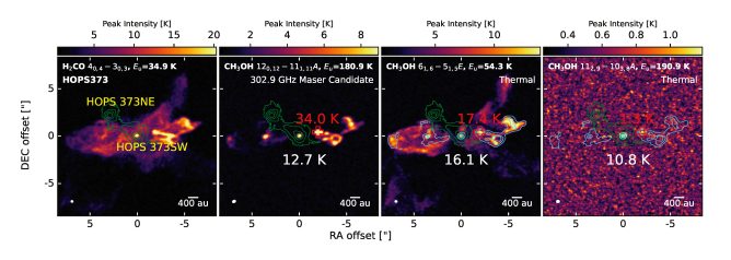 アルマ望遠鏡、形成途上の星の周囲の豊かな化学進化と予想外のメーザー放射を発見