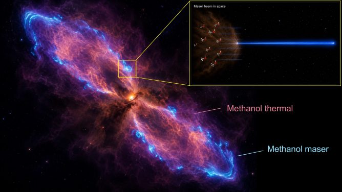 アルマ望遠鏡、形成途上の星の周囲の豊かな化学進化と予想外のメーザー放射を発見