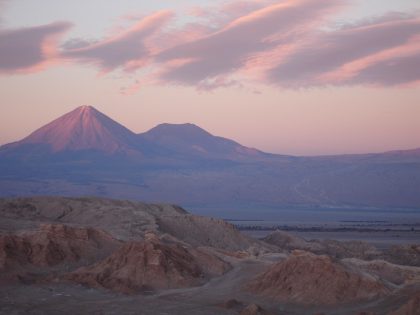 Evening view of the Licancabur Volcano viewed from Vale de la Luna (=Valley of the Moon)