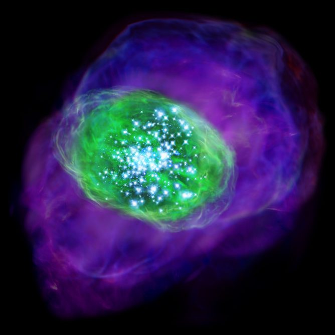 SXDF-NB1006-2の想像図。巨大な若い星たちが放つ強烈な光によってガスが電離されている様子が描かれています。